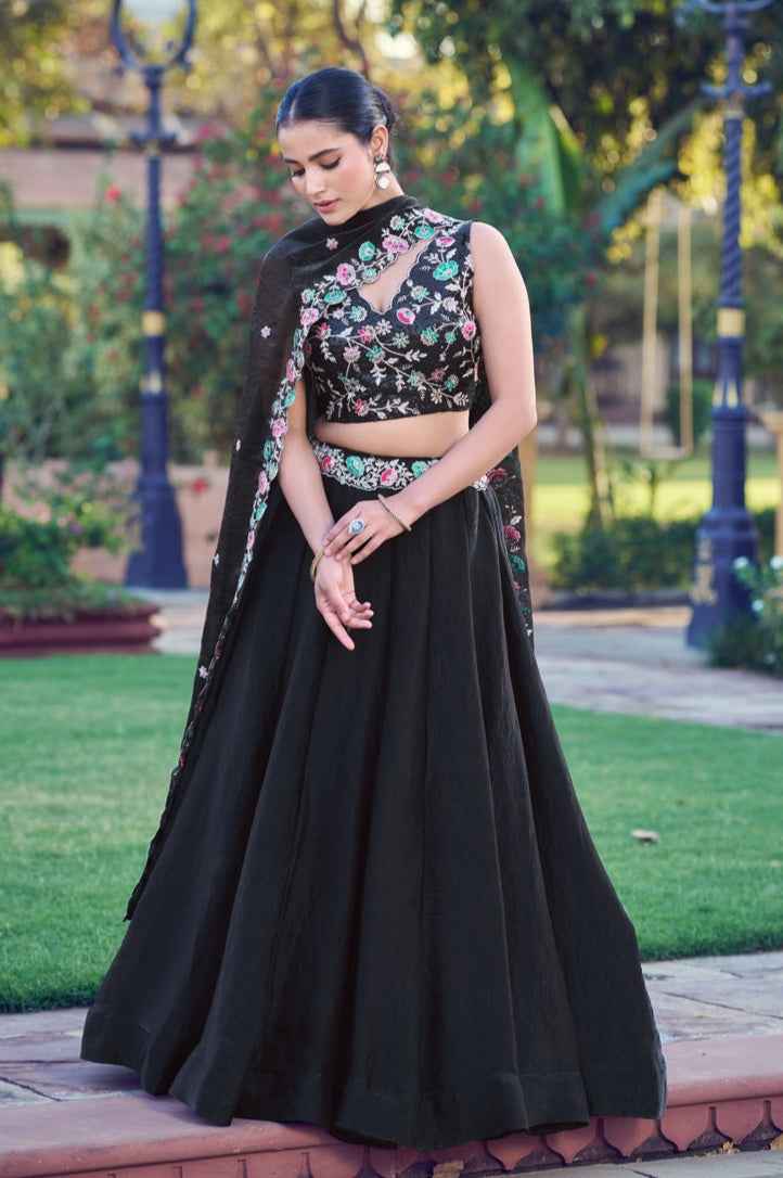 Black Pure Frendy Silk Sequins and Thread Embroidery Work Lehenga Choli