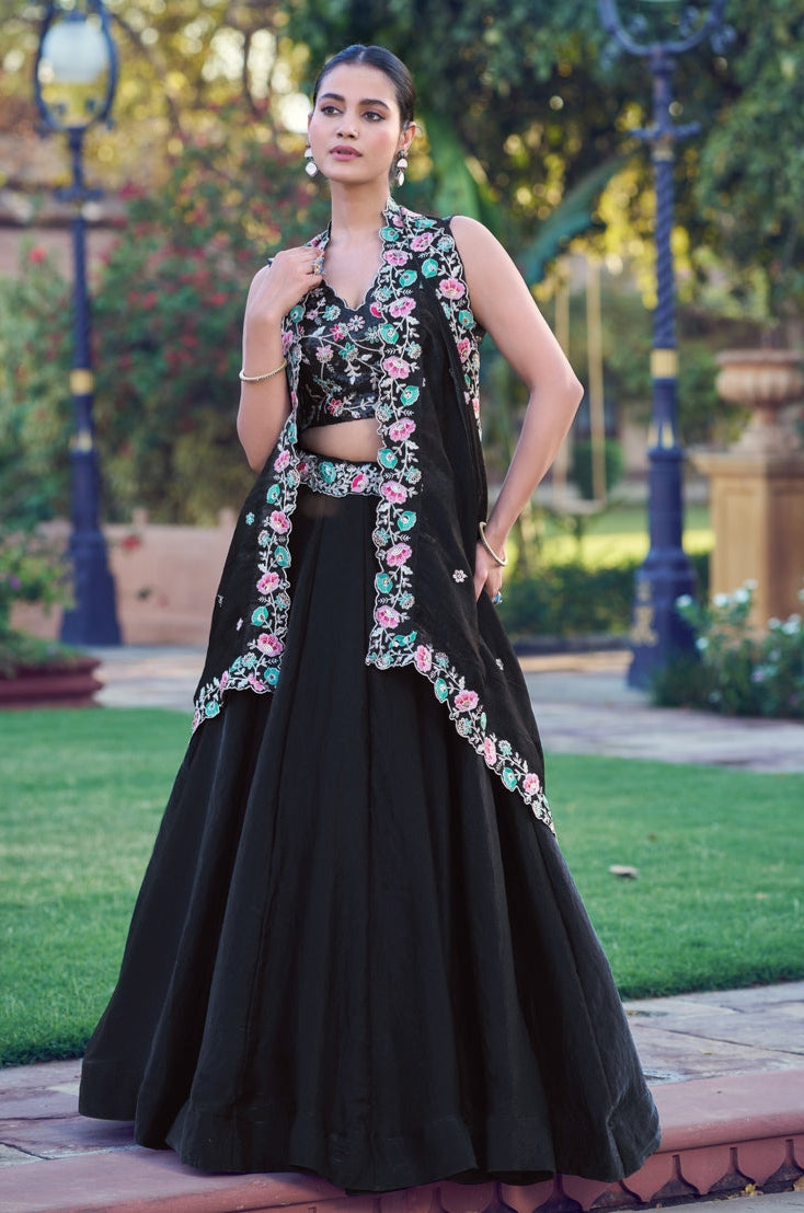 Black Pure Frendy Silk Sequins and Thread Embroidery Work Lehenga Choli