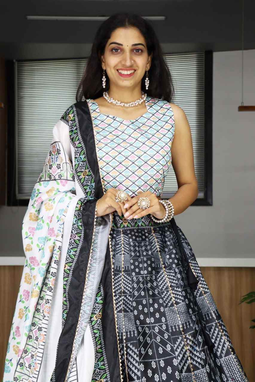 Black Pure Art Silk Printed With Gota Patti Work Lehenga Choli