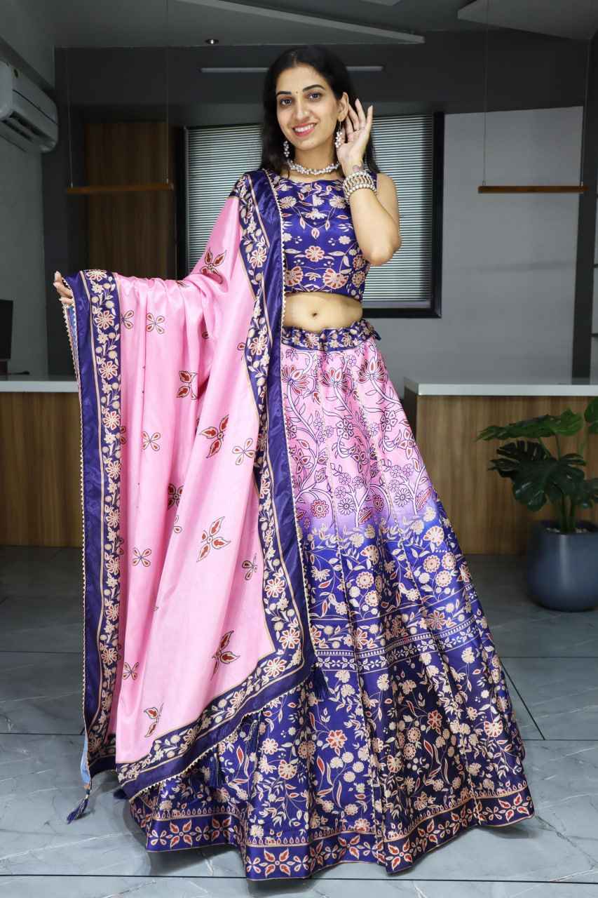 Pink Pure Art Silk Printed With Gota Patti Work Lehenga Choli