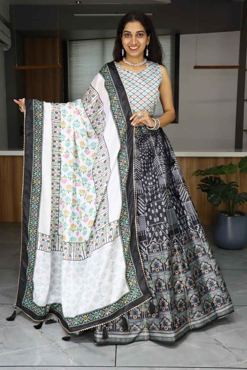 Black Pure Art Silk Printed With Gota Patti Work Lehenga Choli