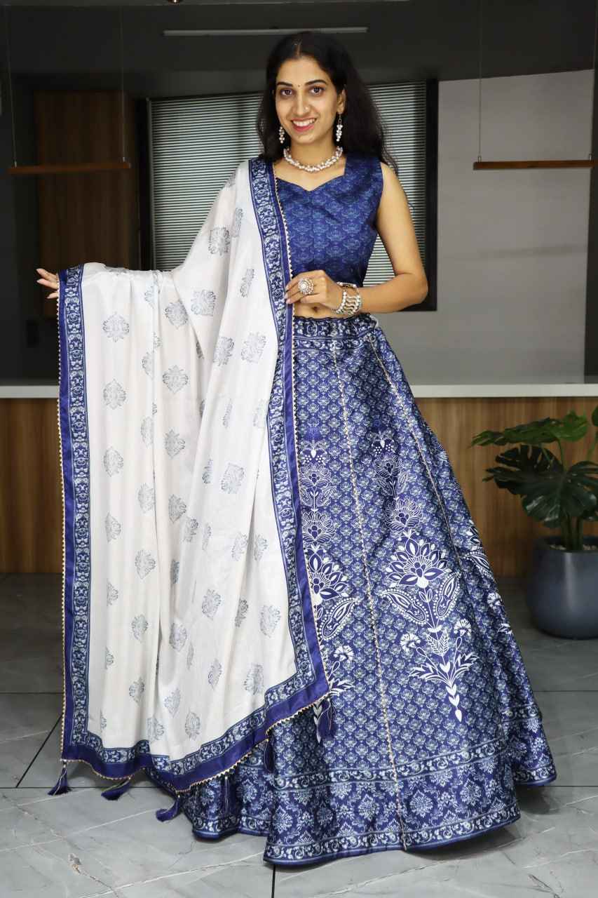 Blue Pure Art Silk Printed With Gota Patti Work Lehenga Choli