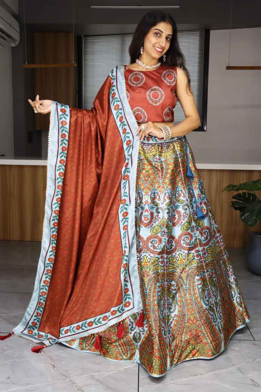 Multicolour Pure Art Silk Printed With Gota Patti Work Lehenga Choli