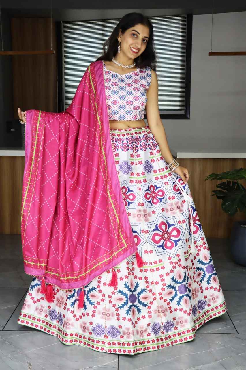 Lavender White Pure Art Silk Printed With Gota Patti Work Lehenga Choli