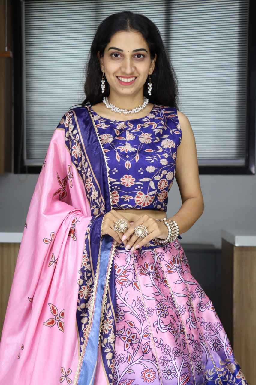 Pink Pure Art Silk Printed With Gota Patti Work Lehenga Choli