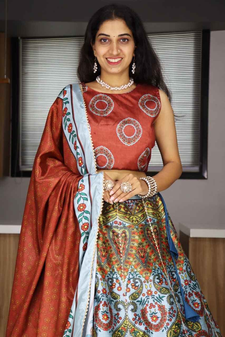 Multicolour Pure Art Silk Printed With Gota Patti Work Lehenga Choli