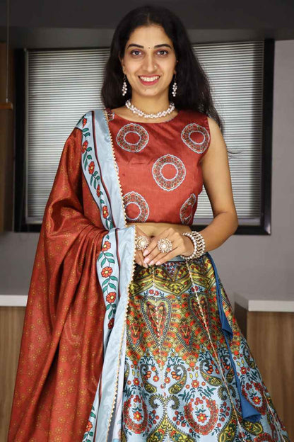 Multicolour Pure Art Silk Printed With Gota Patti Work Lehenga Choli