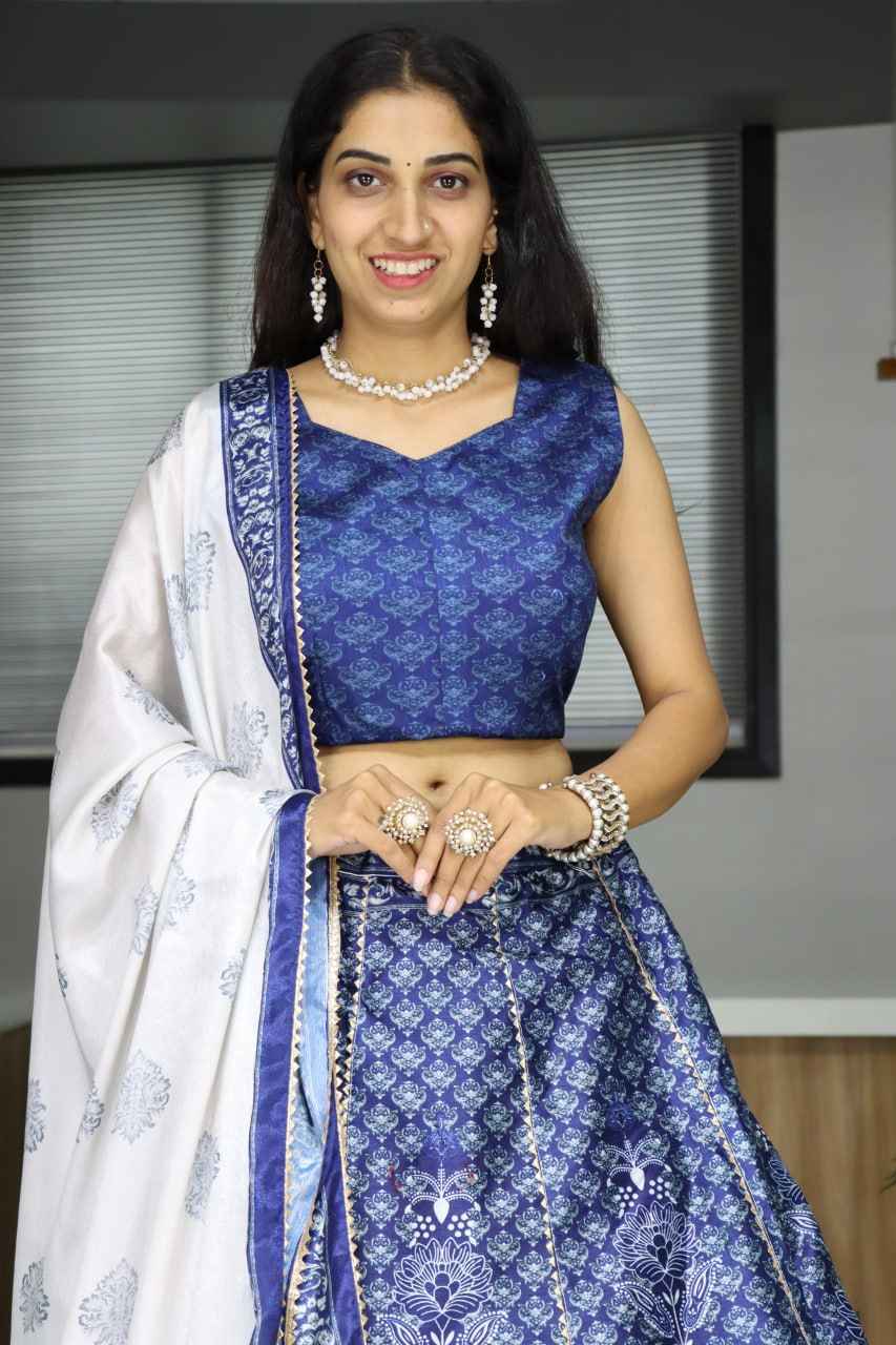 Blue Pure Art Silk Printed With Gota Patti Work Lehenga Choli