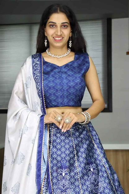 Blue Pure Art Silk Printed With Gota Patti Work Lehenga Choli
