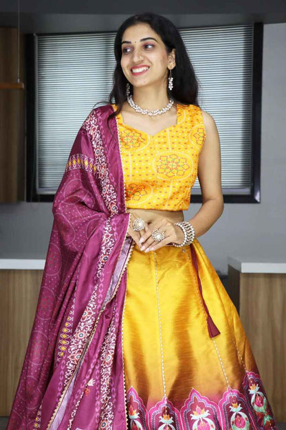 Yellow Pure Art Silk Printed With Gota Patti Work Lehenga Choli