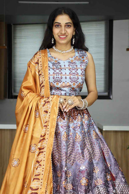 Rust Art Silk Printed With Gota Patti Work Lehenga Choli