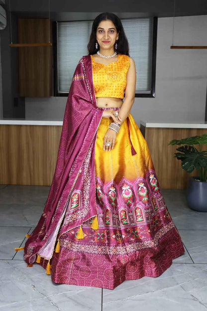 Yellow Pure Art Silk Printed With Gota Patti Work Lehenga Choli