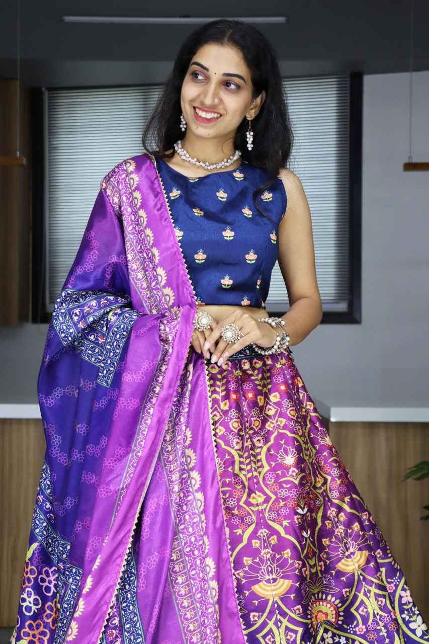 Pink Purple Art Silk Printed With Gota Patti Work Lehenga Choli