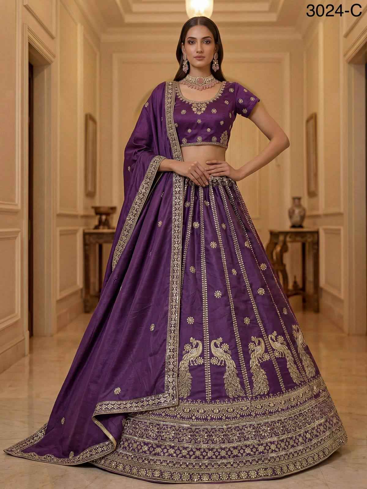 Purple Pure Soft Silk Heavy Sequins Zari Embroidery Thread Work Lehenga Choli