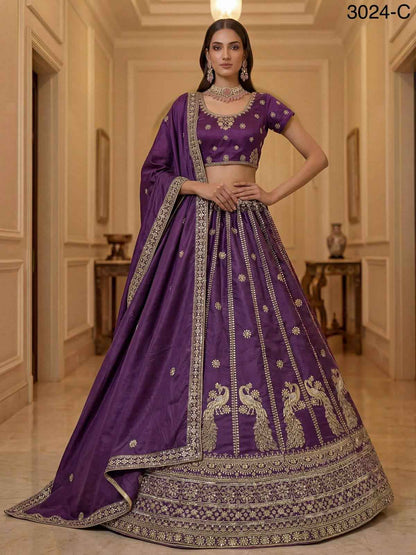 Purple Pure Soft Silk Heavy Sequins Zari Embroidery Thread Work Lehenga Choli