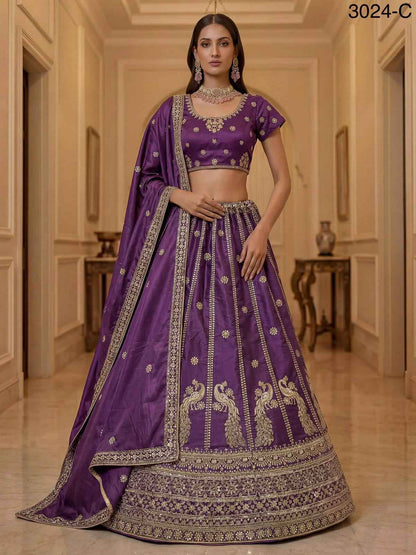 Purple Pure Soft Silk Heavy Sequins Zari Embroidery Thread Work Lehenga Choli