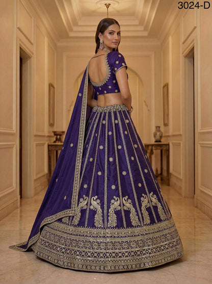 Indigo Pure Soft Silk Heavy Sequins Zari Embroidery Thread Work Lehenga Choli