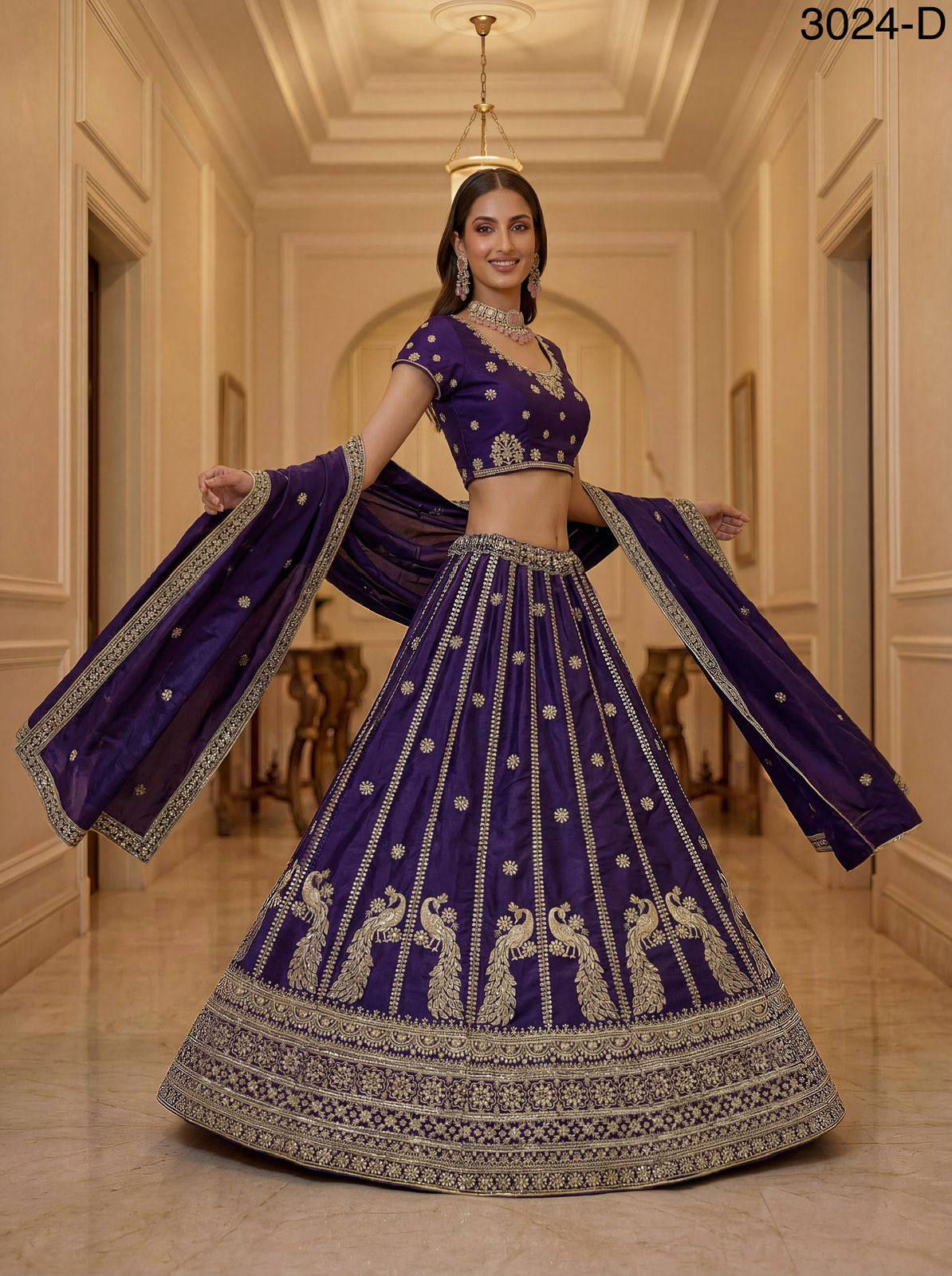 Indigo Pure Soft Silk Heavy Sequins Zari Embroidery Thread Work Lehenga Choli