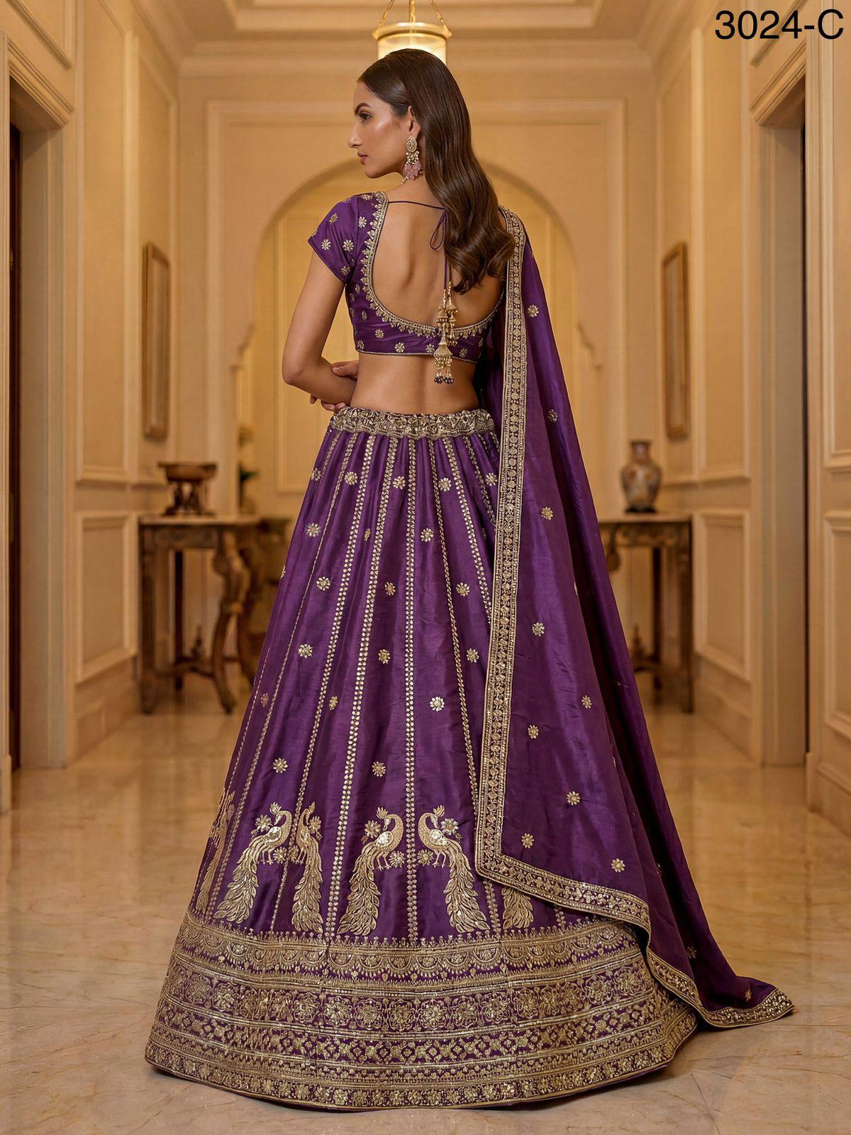 Purple Pure Soft Silk Heavy Sequins Zari Embroidery Thread Work Lehenga Choli