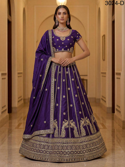 Indigo Pure Soft Silk Heavy Sequins Zari Embroidery Thread Work Lehenga Choli