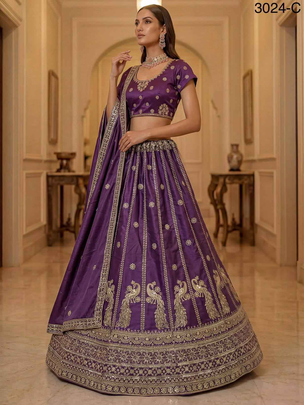 Purple Pure Soft Silk Heavy Sequins Zari Embroidery Thread Work Lehenga Choli