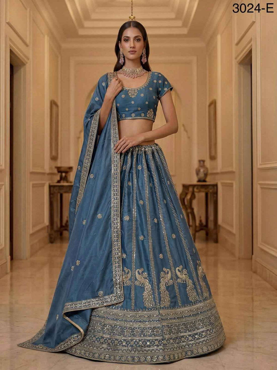Firozi Pure Soft Silk Heavy Sequins Zari Embroidery Thread Work Lehenga Choli