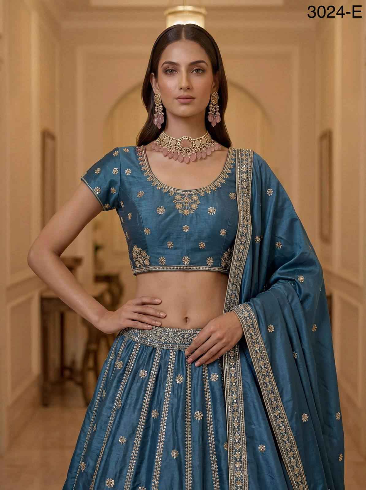 Firozi Pure Soft Silk Heavy Sequins Zari Embroidery Thread Work Lehenga Choli