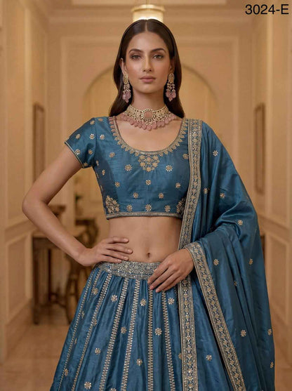 Firozi Pure Soft Silk Heavy Sequins Zari Embroidery Thread Work Lehenga Choli