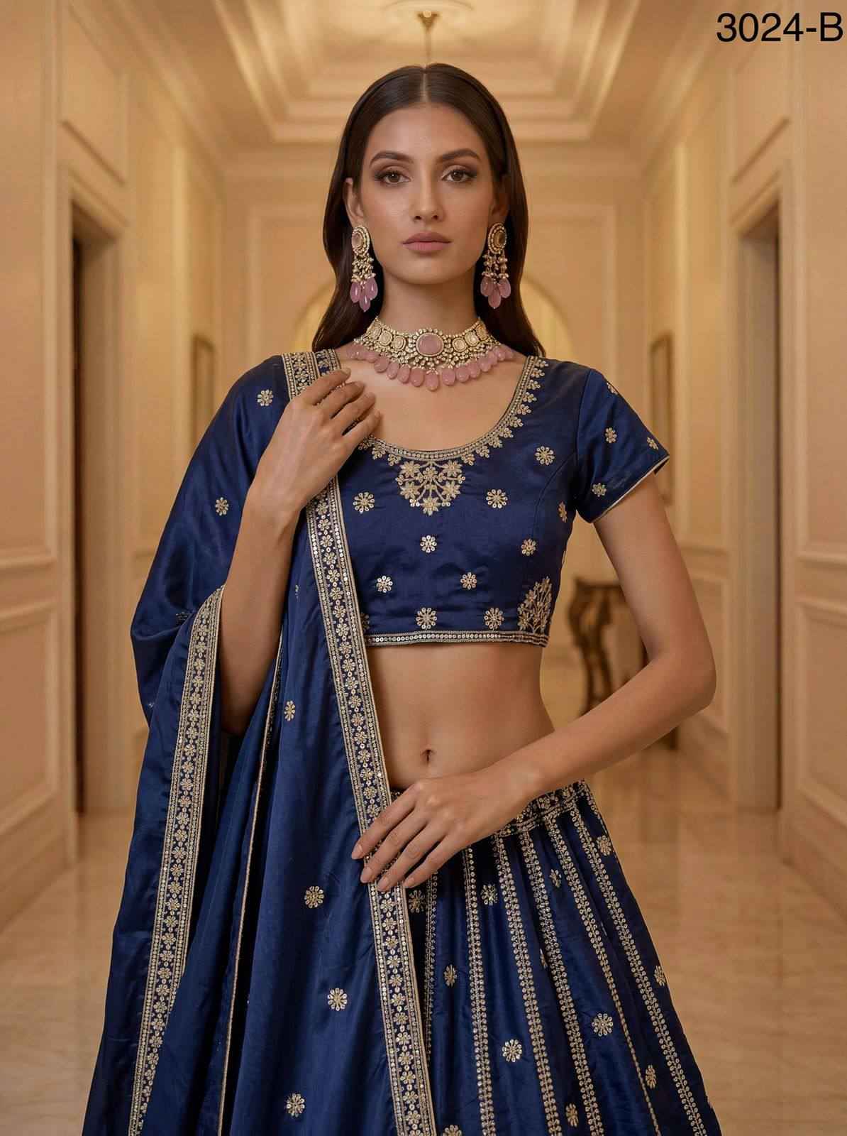Blue Pure Soft Silk Heavy Sequins Zari Embroidery Thread Work Lehenga Choli