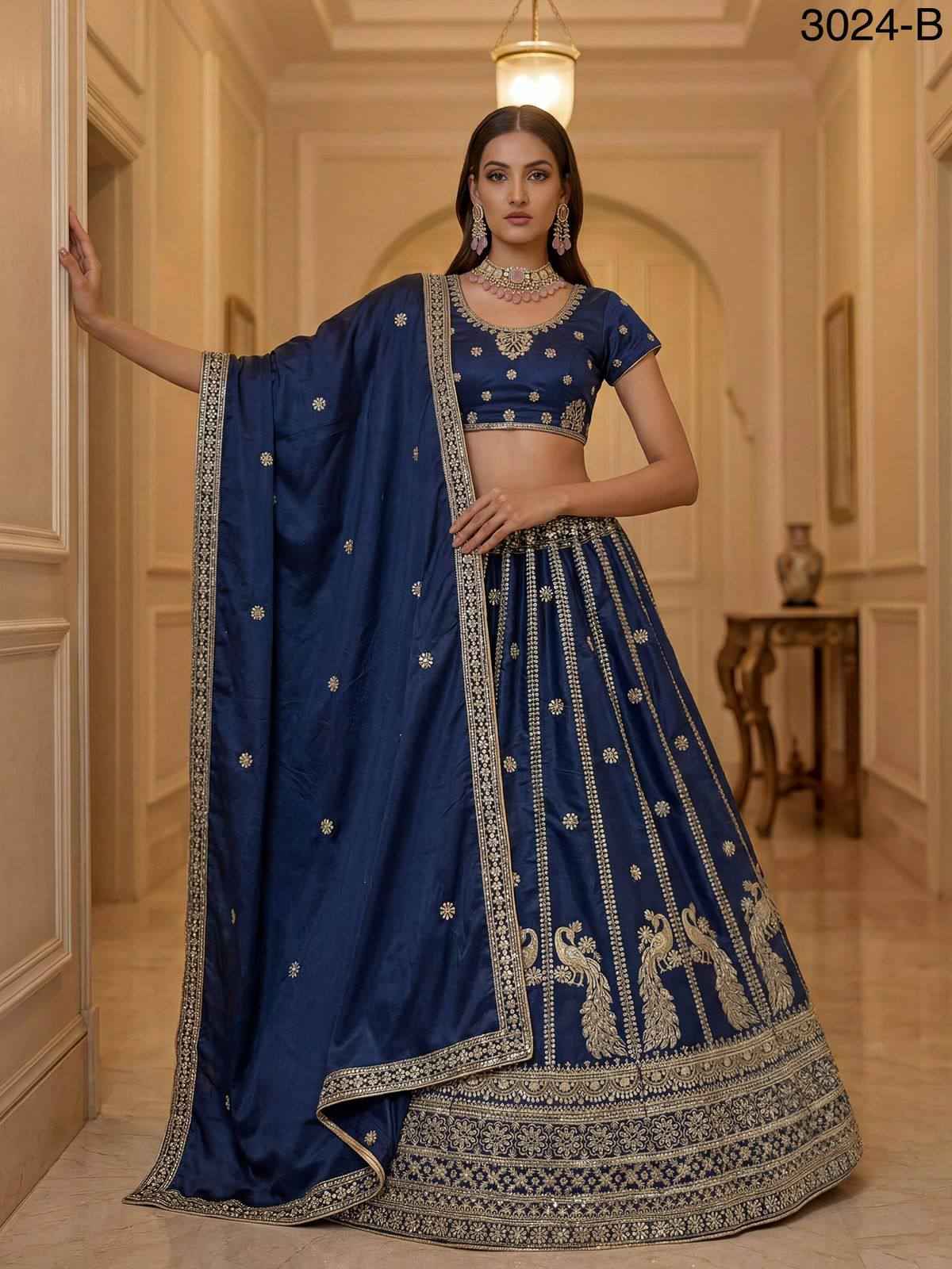 Blue Pure Soft Silk Heavy Sequins Zari Embroidery Thread Work Lehenga Choli