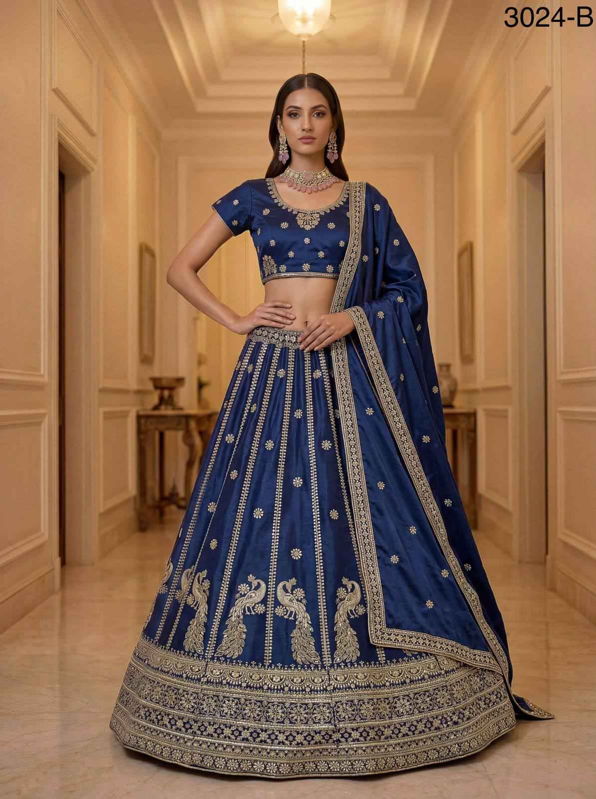 Blue Pure Soft Silk Heavy Sequins Zari Embroidery Thread Work Lehenga Choli