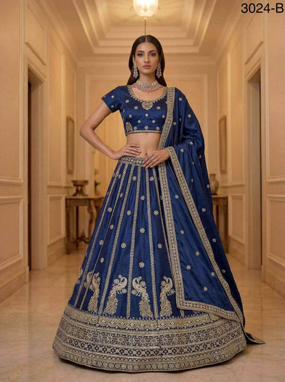 Blue Pure Soft Silk Heavy Sequins Zari Embroidery Thread Work Lehenga Choli