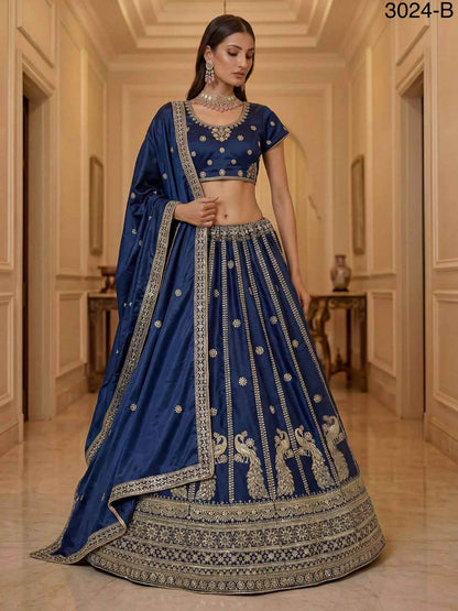 Blue Pure Soft Silk Heavy Sequins Zari Embroidery Thread Work Lehenga Choli