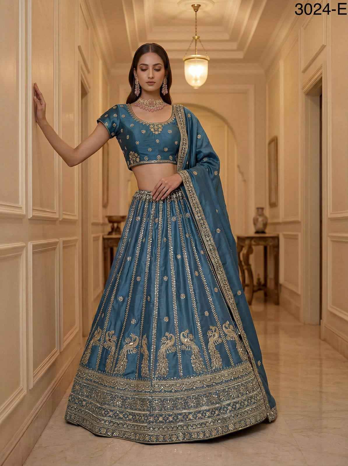 Firozi Pure Soft Silk Heavy Sequins Zari Embroidery Thread Work Lehenga Choli
