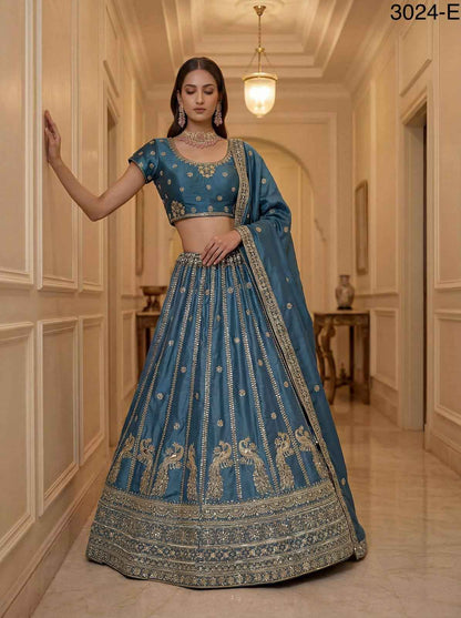 Firozi Pure Soft Silk Heavy Sequins Zari Embroidery Thread Work Lehenga Choli