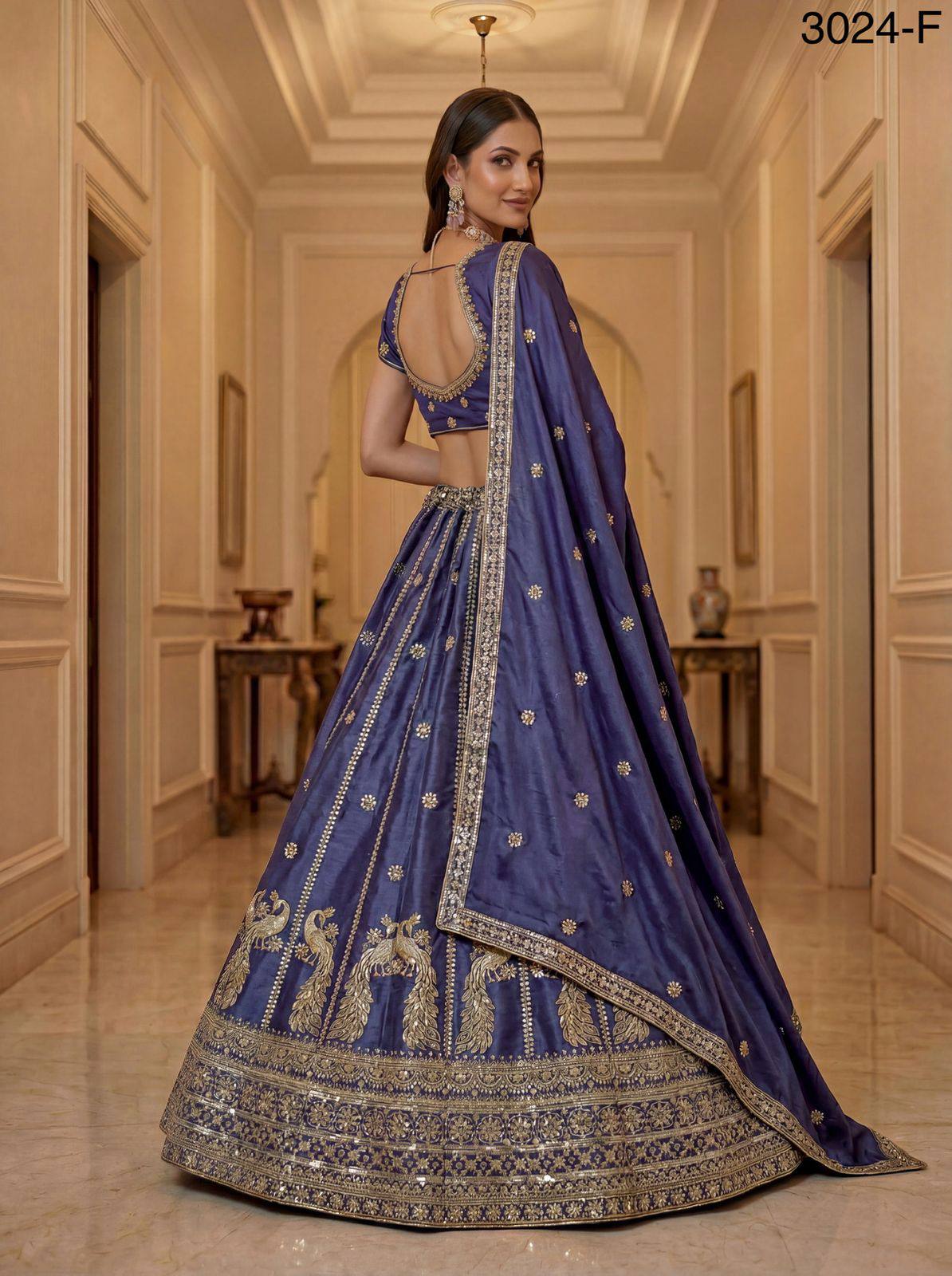 Violet Pure Soft Silk Heavy Sequins Zari Embroidery Thread Work Lehenga Choli