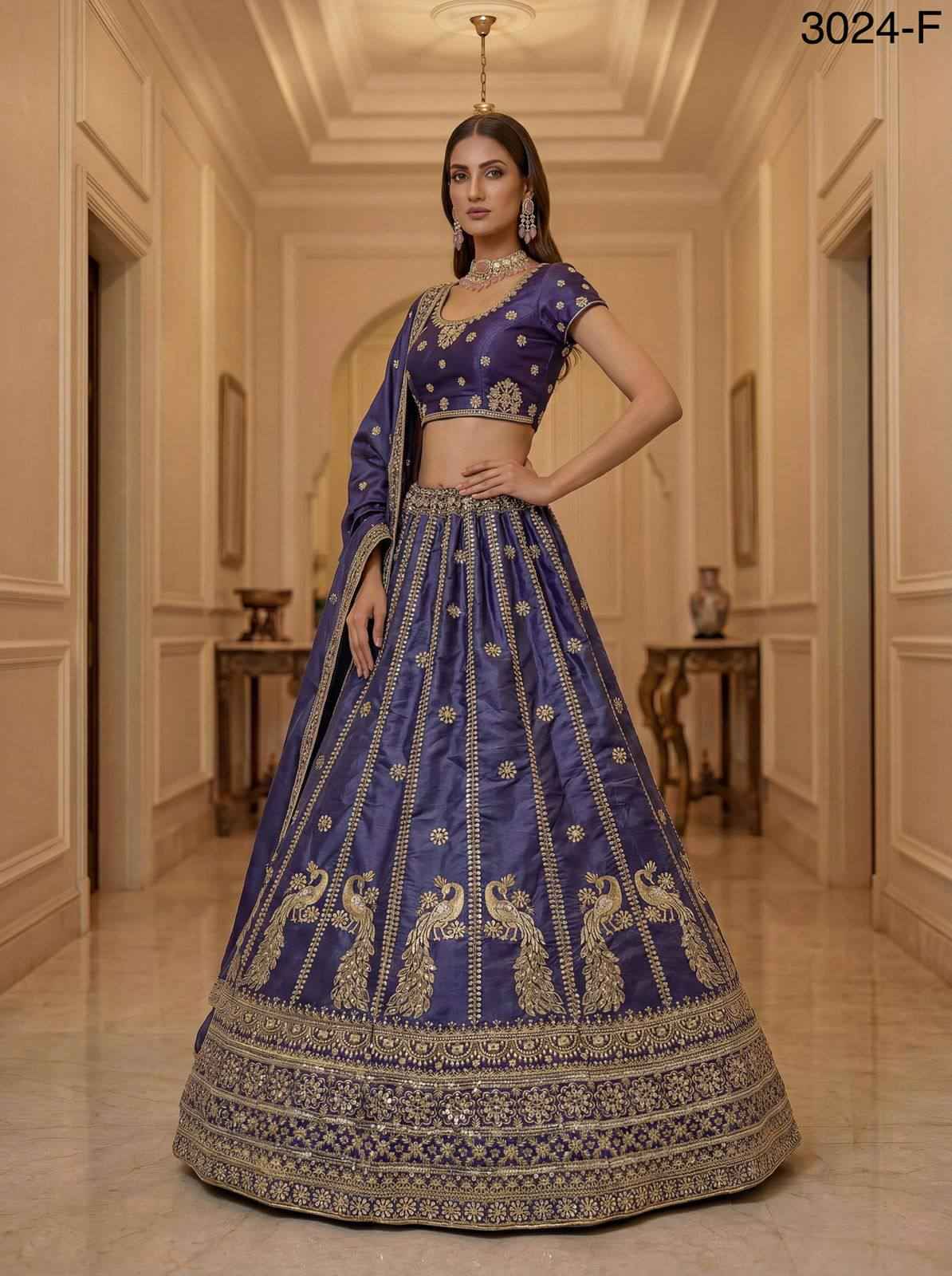 Violet Pure Soft Silk Heavy Sequins Zari Embroidery Thread Work Lehenga Choli