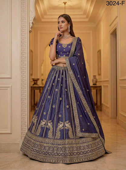 Violet Pure Soft Silk Heavy Sequins Zari Embroidery Thread Work Lehenga Choli