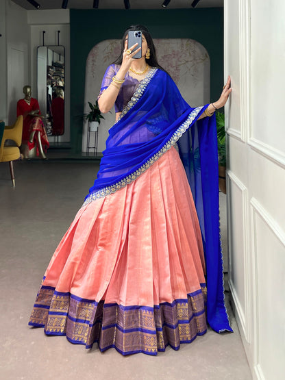 Peach Pure Soft Kanchipuram Zari Weaving Work Paithani Lehenga Choli