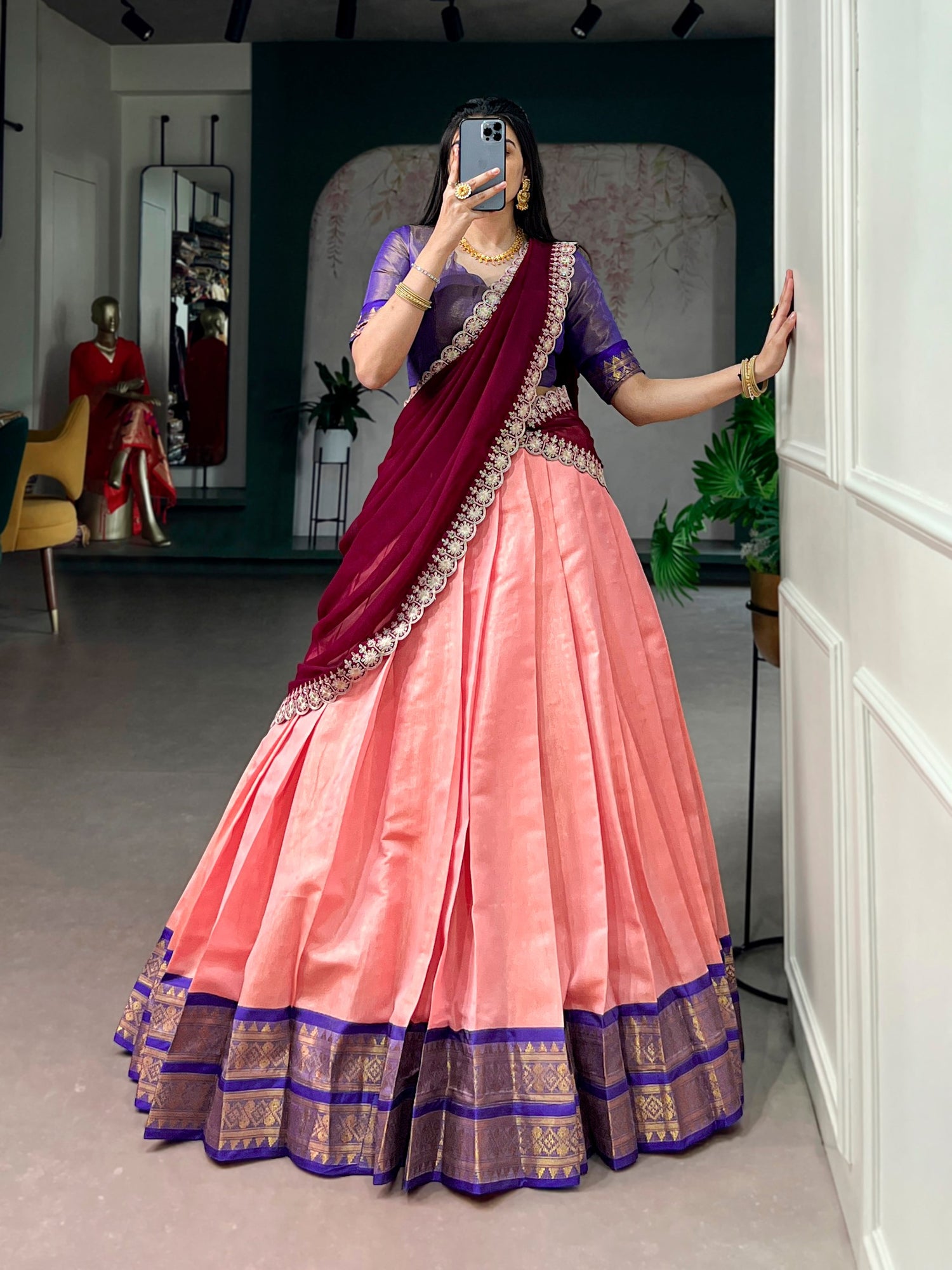 Peach Pure Soft Kanchipuram Zari Weaving Work Paithani Lehenga Choli