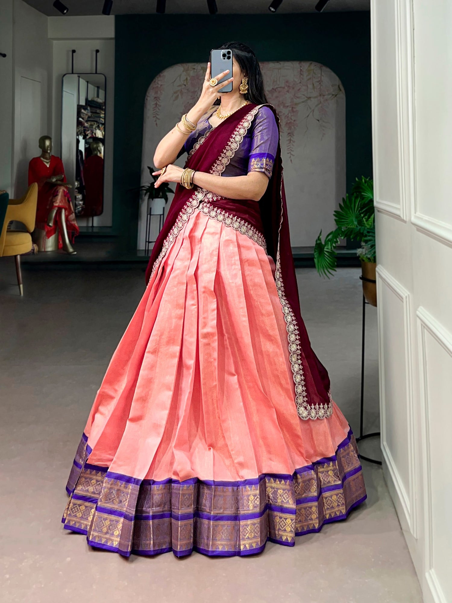 Peach Pure Soft Kanchipuram Zari Weaving Work Paithani Lehenga Choli
