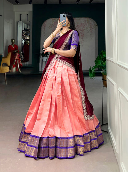 Peach Pure Soft Kanchipuram Zari Weaving Work Paithani Lehenga Choli
