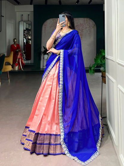 Peach Pure Soft Kanchipuram Zari Weaving Work Paithani Lehenga Choli