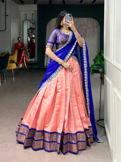 Peach Pure Soft Kanchipuram Zari Weaving Work Paithani Lehenga Choli