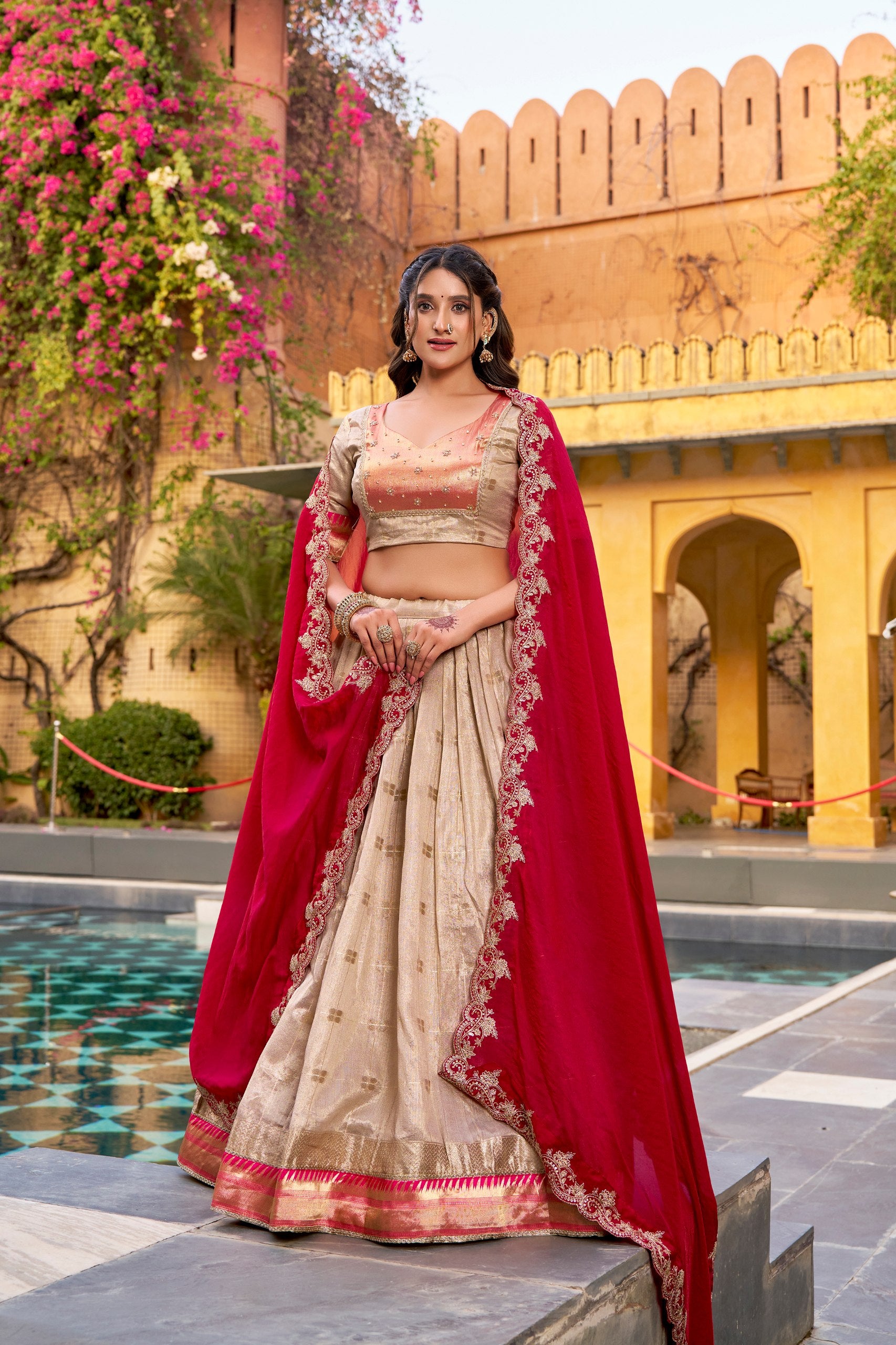 Off-white Pure Soft Slub Kota Zari Weaving Paithani Work Paithani Lehenga Choli