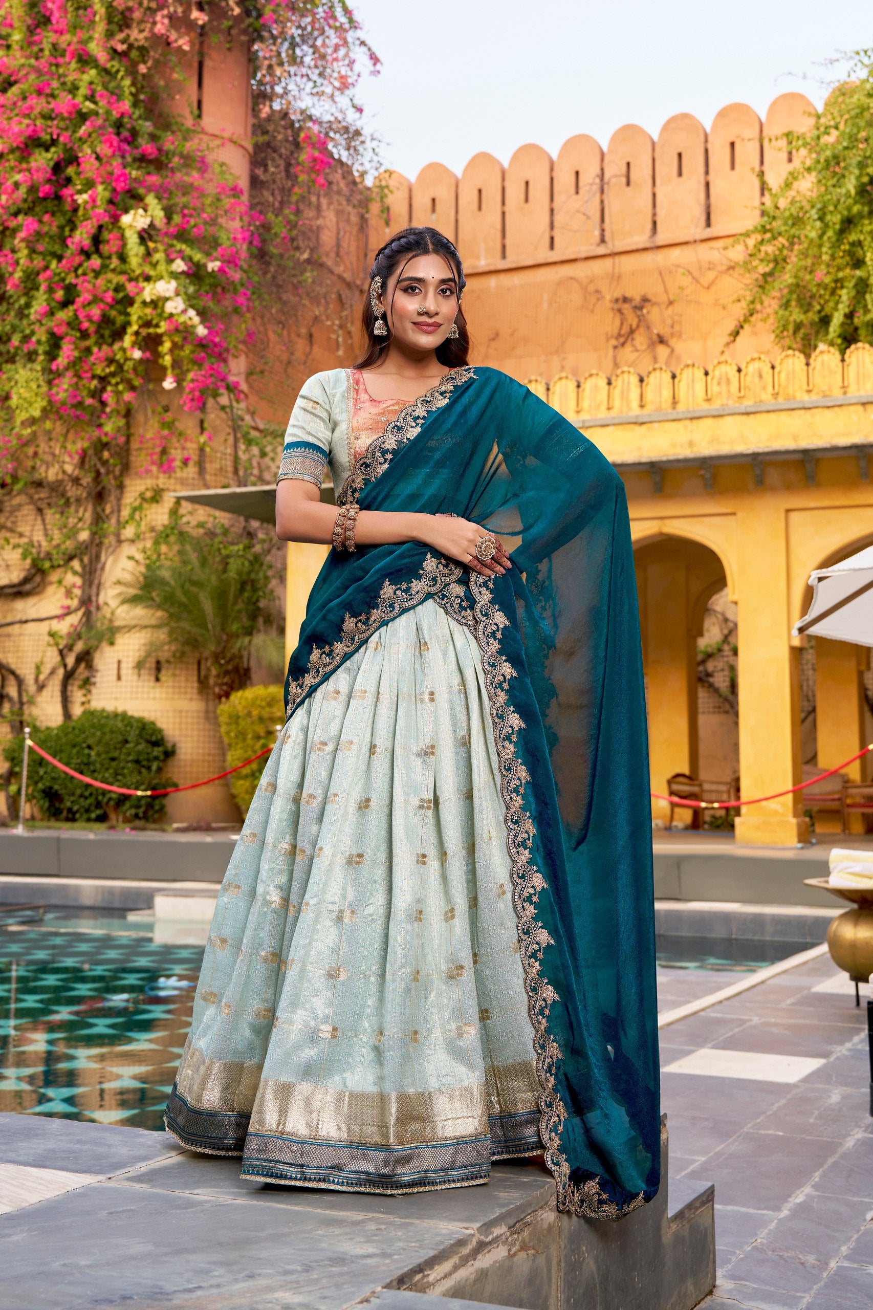 Sky Blue Pure Soft Slub Kota Zari Weaving Paithani Work Paithani Lehenga Choli
