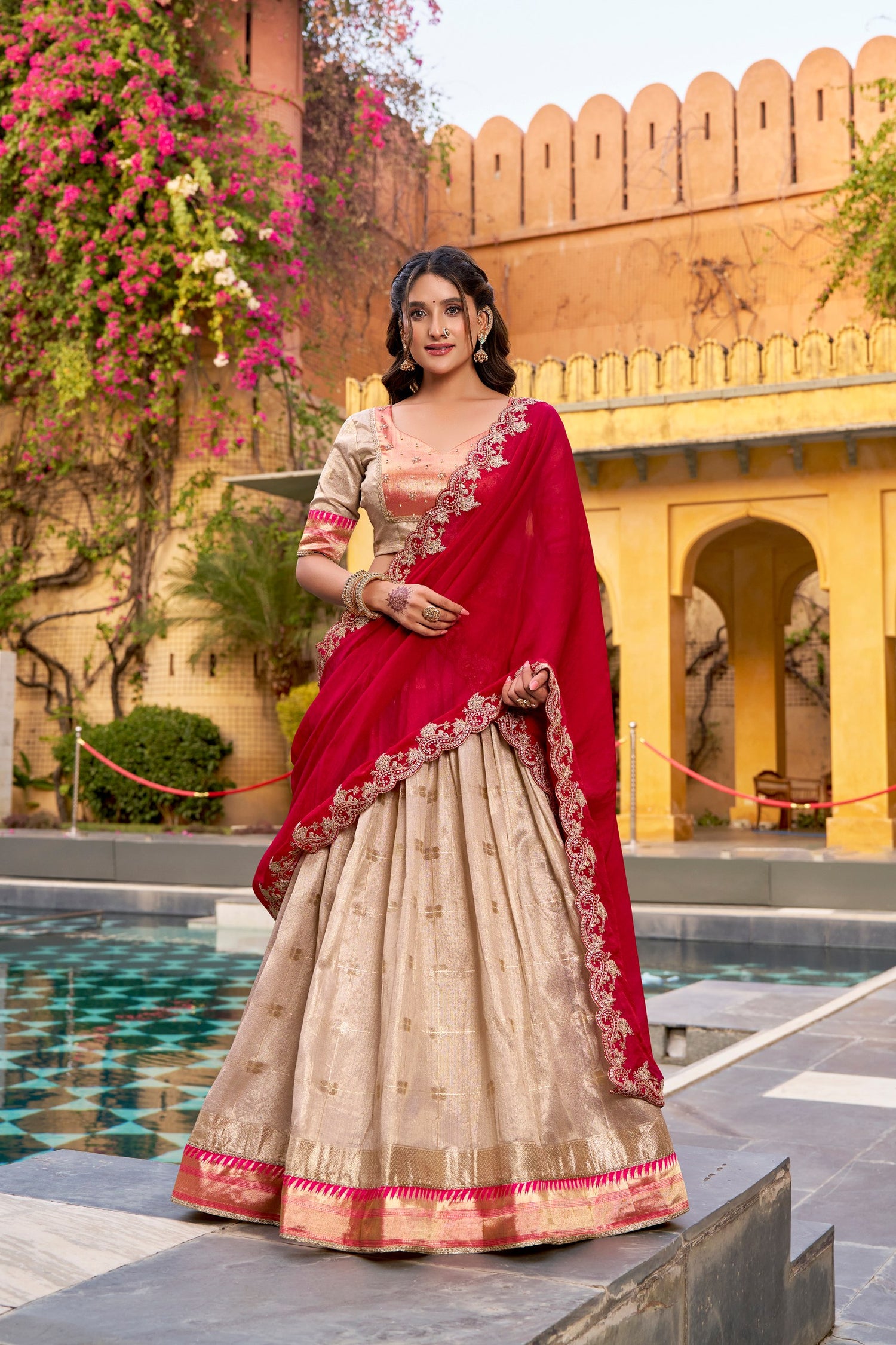 Off-white Pure Soft Slub Kota Zari Weaving Paithani Work Paithani Lehenga Choli