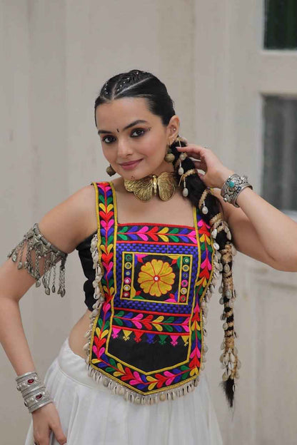 Black Pure Satin Kutchi Gamthi Embroidered &amp; Mirror Work Navratri Blouse