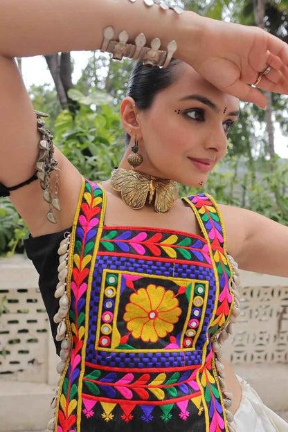 Black Pure Satin Kutchi Gamthi Embroidered &amp; Mirror Work Navratri Blouse