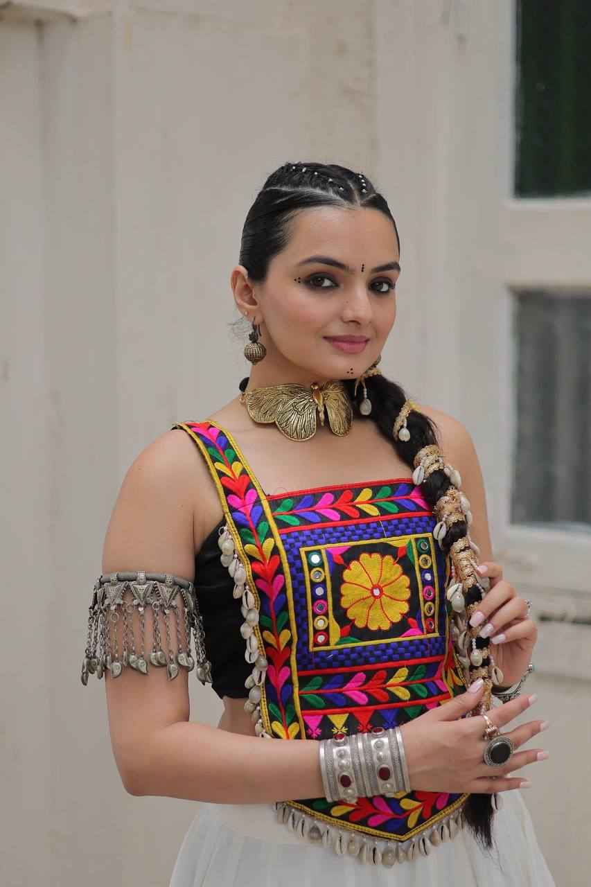 Black Pure Satin Kutchi Gamthi Embroidered &amp; Mirror Work Navratri Blouse